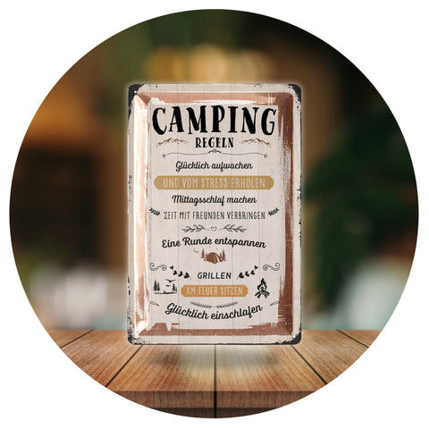 Blechschild Regeln für Camping