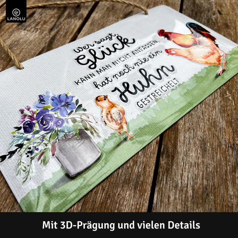 Blechschild Glück Hühner streicheln