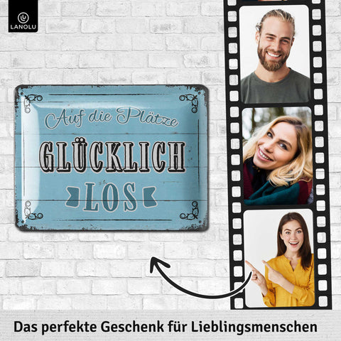 Blechschild Glücklich (türkis)