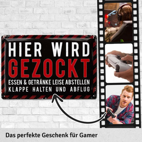 Blechschild Hier wird gezockt rot
