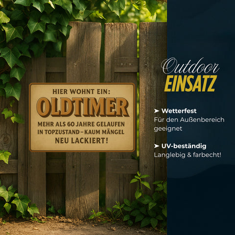 Hier wohnt ein Oldtimer Blechschild
