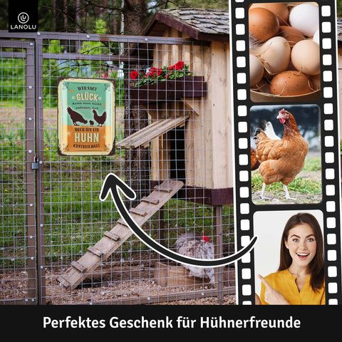 Blechschild Glück Huhn streicheln