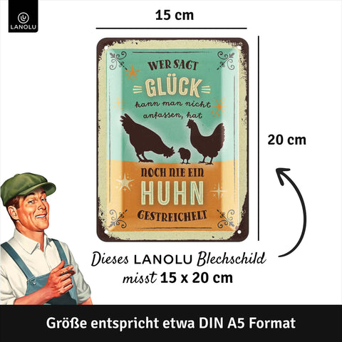 Blechschild Glück Huhn streicheln