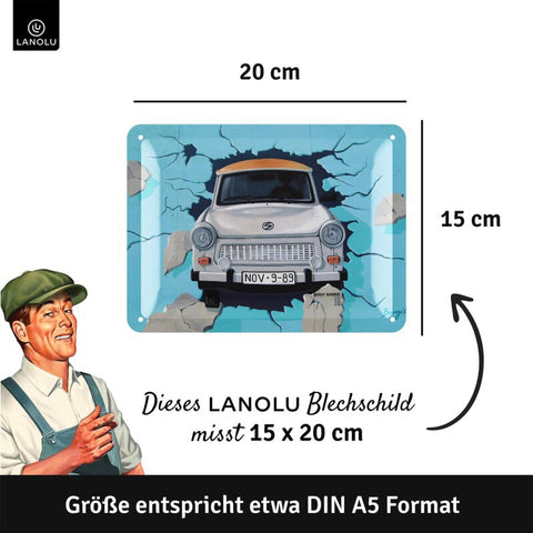 Blechschild Trabant durch Mauer