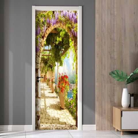 Mediterraner Garten mit Blick aufs Meer Tür Tapete