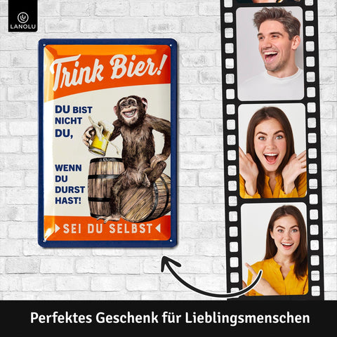 Blechschild Trink Bier Affe