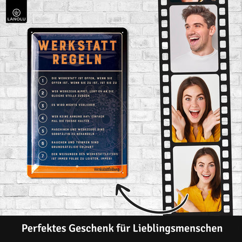 Blechschild Werkstattregeln blau