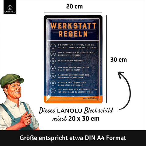 Blechschild Werkstattregeln blau