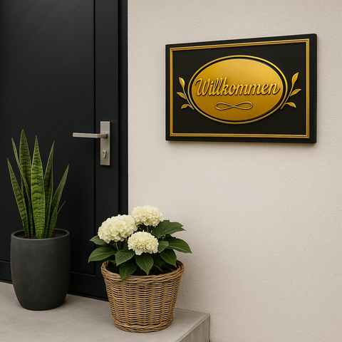 Willkommen Blechschild Hauseingang Gold