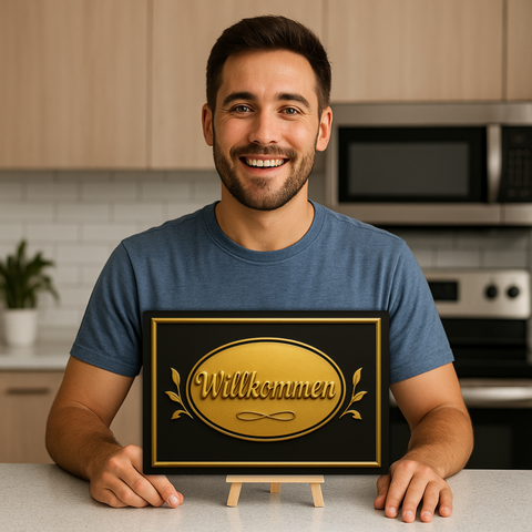 Willkommen Blechschild Hauseingang Gold