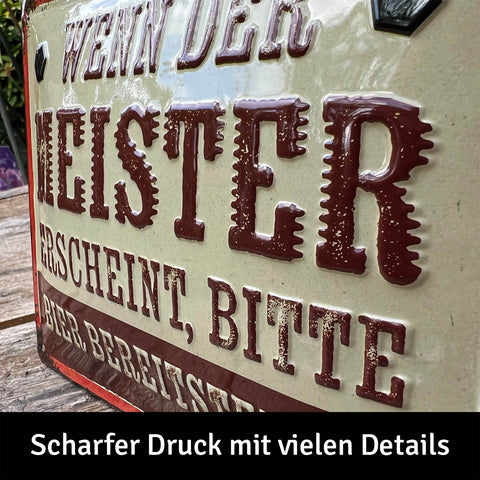 LANOLU Blechschild Wenn der Meister erscheint, bitte Bier bereitstellen 15x20cm