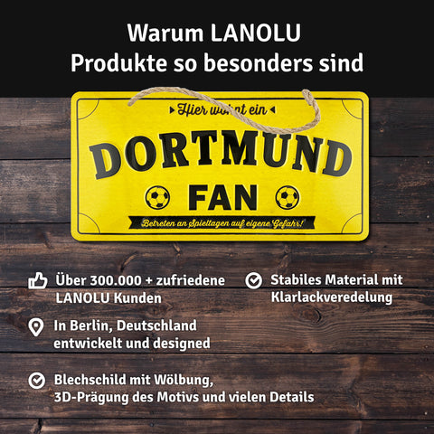 LANOLU Kordelschild Hier wohnt ein DORTMUND Fan 16x32cm