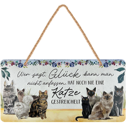 LANOLU Kordelschild Glück KATZE anfassen 16x32cm