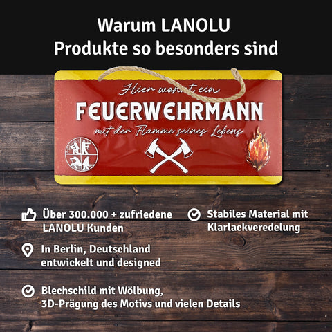 LANOLU Kordelschild Hier wohnt ein Feuerwehrmann mit der Flamme seines Lebens 16x32cm