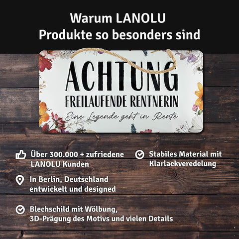 LANOLU Kordelschild Achtung freilaufende Renterin 16x32cm