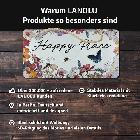 LANOLU Kordelschild Happy Place 16x32cm