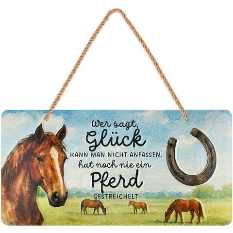 LANOLU Kordelschild Wer sagt Glück kann man nicht anfassen Pferd gestreichelt 16x32cm