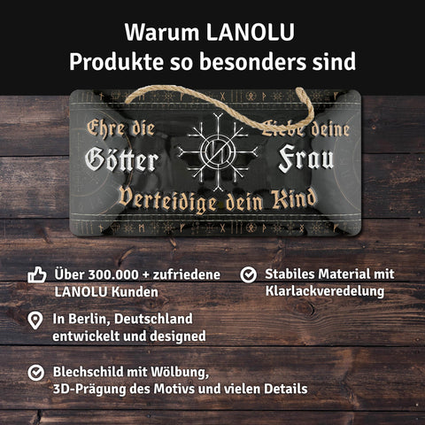 LANOLU Kordelschild Ehre die Götter Liebe deine Frau verteidige dein Kind 16x32cm