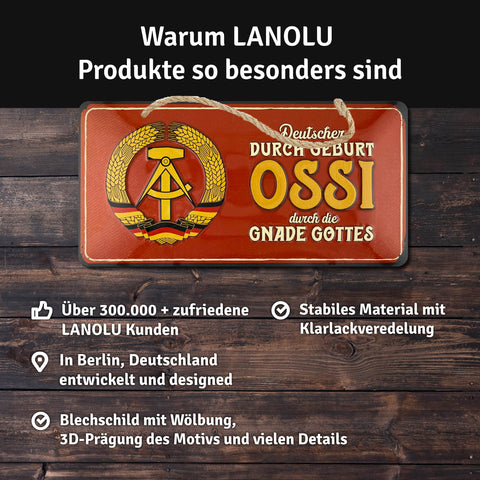 LANOLU Kordelschild Deutscher durch Geburt, Ossi durch die Gnade Gottes 16x32cm