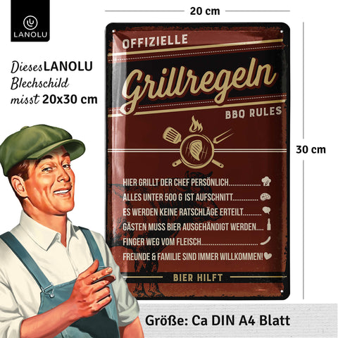 LANOLU Blechschild Grillregeln 20x30cm