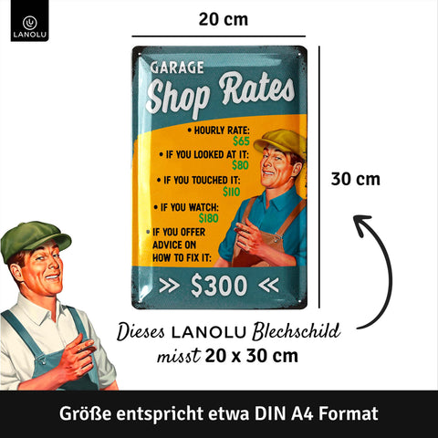 LANOLU Blechschild Garage Shop Rates 20x30cm