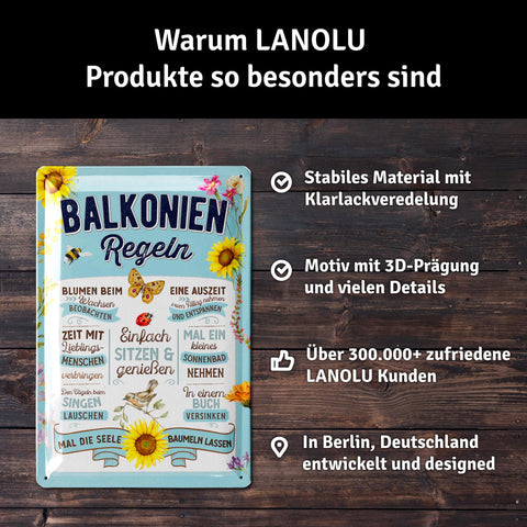 LANOLU Retro Blechschild Balkonien-Regeln 20x30cm