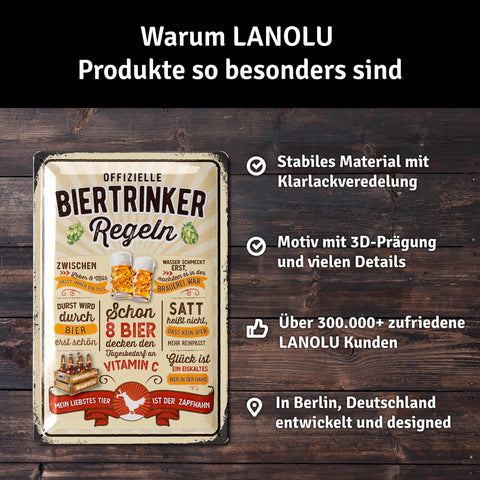 LANOLU Retro Blechschild Biertrinker Regeln 20x30cm