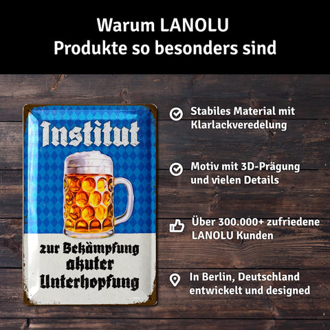 LANOLU Retro Blechschild Institut zur Bekämpfung akuter Unterhopfung 20x30cm