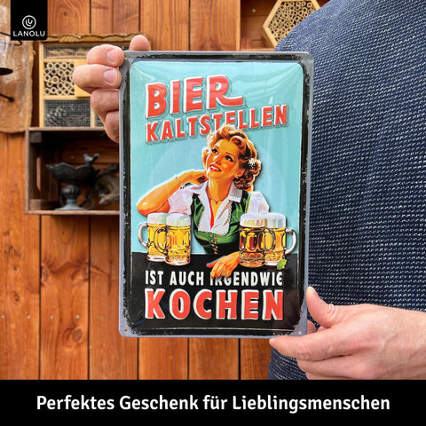 LANOLU Retro Blechschild Bier kaltstellen ist auch kochen 20x30cm