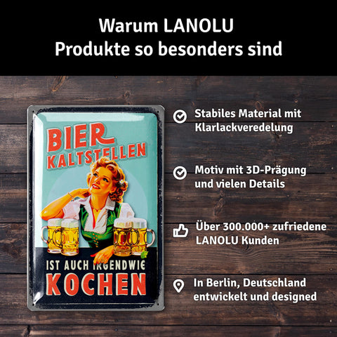 LANOLU Retro Blechschild Bier kaltstellen ist auch kochen 20x30cm