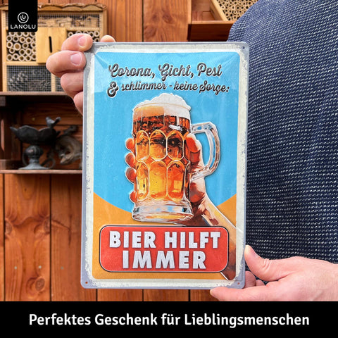 LANOLU Retro Blechschild Corona Gicht und schlimmer Bier hilft immer 20x30cm