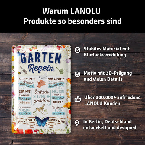 LANOLU Blechschild Gartenregeln 20x30cm