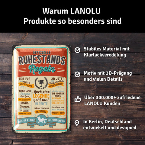 LANOLU Blechschild Ruhestandsregeln 20x30cm