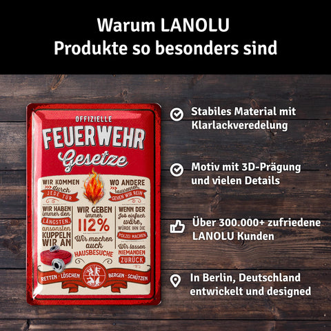 LANOLU Blechschild Feuerwehrgesetze 20x30cm
