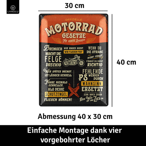 LANOLU Blechschild Motorrad Gesetze 30x40cm