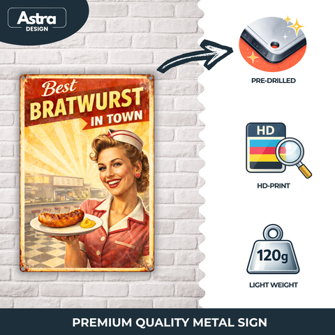 Blechschild 20x30cm – Best Bratwurst in Town Retro Diner Motiv