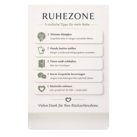 Blechschild 20x30cm – Ruhezone Regeln Hinweisschild
