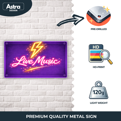 Blechschild 30x20 cm – Live Music Neon Retro Musik Wanddeko