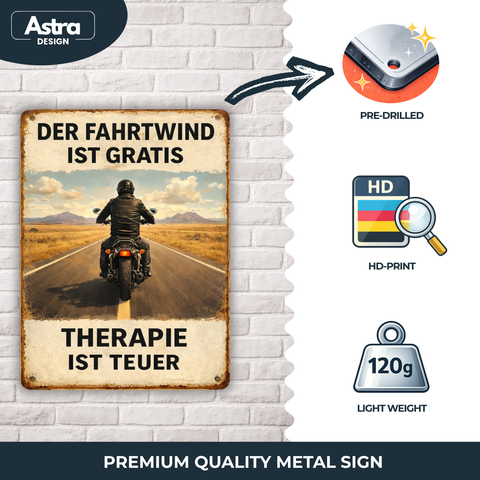 Blechschild 30x20 cm – Der Fahrtwind ist gratis Motorrad Spruch Retro