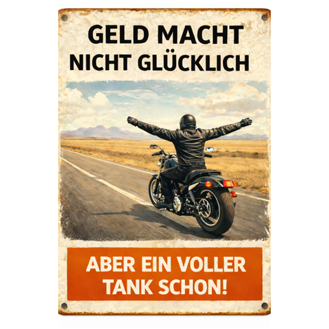 Blechschild 30x20 cm – Geld macht nicht glücklich Motorrad Spruch