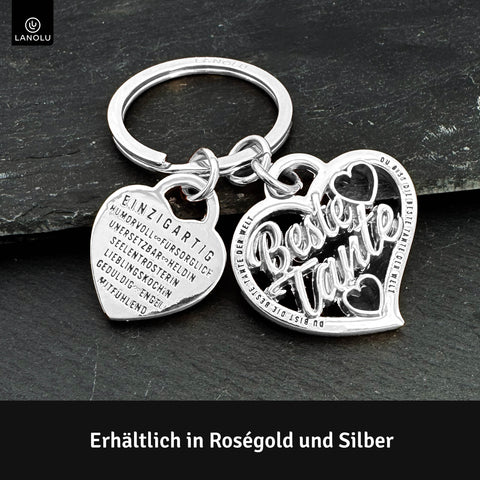 LANOLU Schlüsselanhänger "Beste Tante" Herz - Silber
