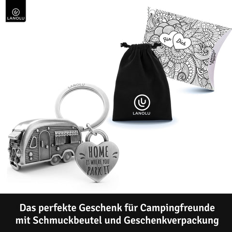 LANOLU Schlüsselanhänger Camping Anhänger "Caravan" - Vintage Silber