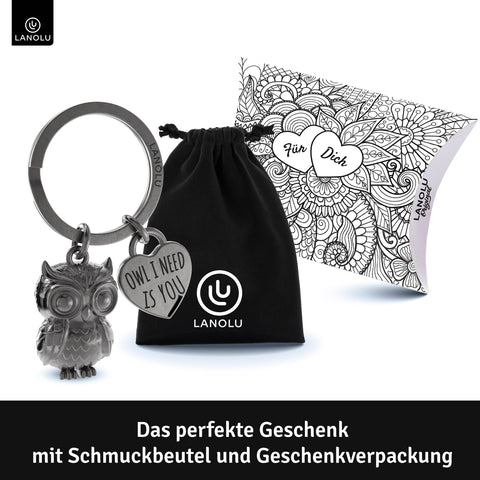 LANOLU Schlüsselanhänger Eule "Kuschelkautz" - Vintage Silber