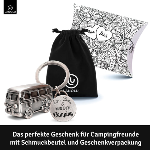 LANOLU Schlüsselanhänger Camping Anhänger "Camping Glück" - Vintage Silber