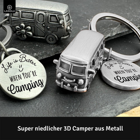 LANOLU Schlüsselanhänger Camping Anhänger "Camping Glück" - Vintage Silber