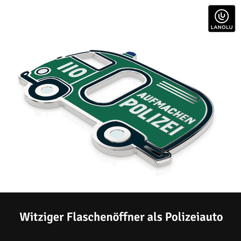 LANOLU Magnet Flaschenöffner POLIZEI-Auto "Aufmachen", grün