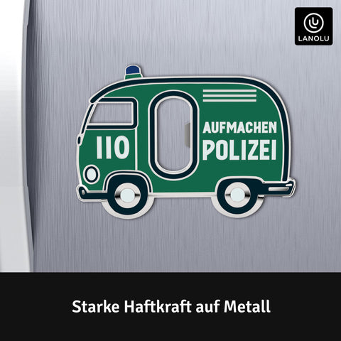 LANOLU Magnet Flaschenöffner POLIZEI-Auto "Aufmachen", grün