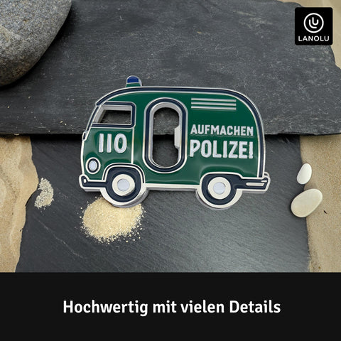 LANOLU Magnet Flaschenöffner POLIZEI-Auto "Aufmachen", grün
