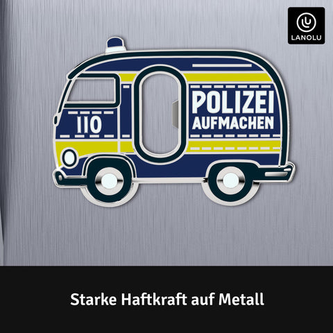 LANOLU Magnet Flaschenöffner POLIZEI-Auto "Aufmachen", blau