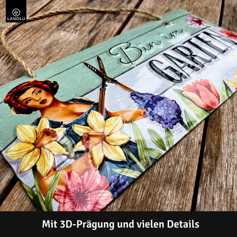 Blechschild Bin im Garten mit Blumen